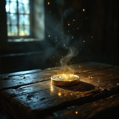 The primary subject of the image is a small, round, golden coin sitting on a wooden table. The setting is a dark room with a window, and the visual style appears to be a photo. The colors in the image are predominantly dark, with the golden coin being the main source of light and color. The overall atmosphere of the image is mysterious and intriguing.
